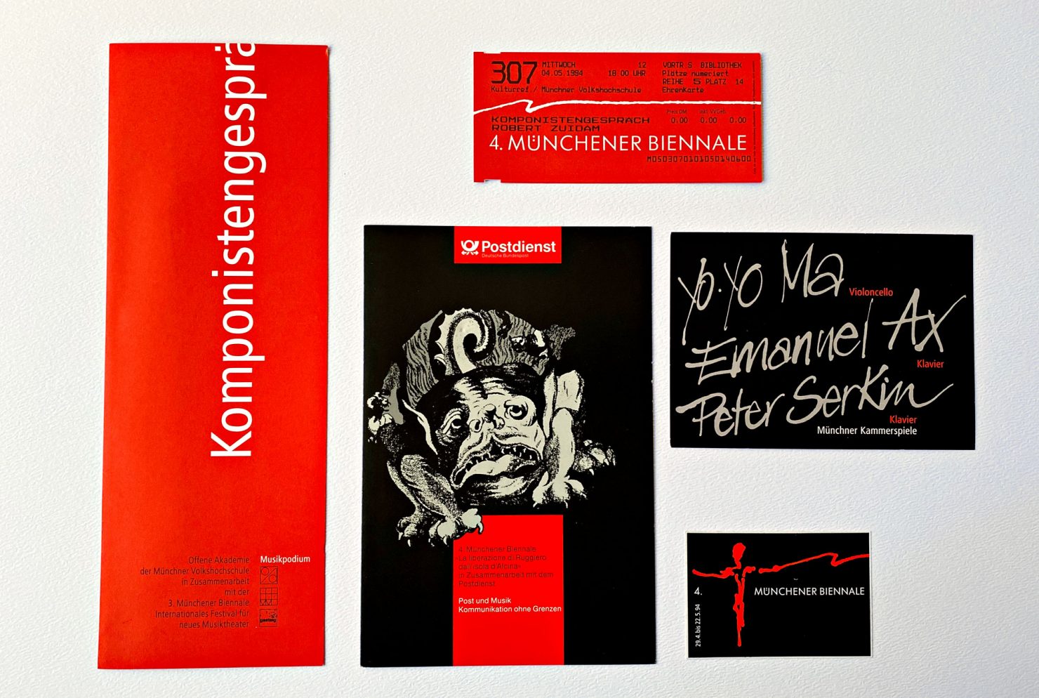 Karte Aufkleber Eintrittskarte Programmfolder 4. Münchener Biennale Internationales Festival für neues Musiktheater München künstlerische Leitung Hans Werner Henze 1994 corporatedesign